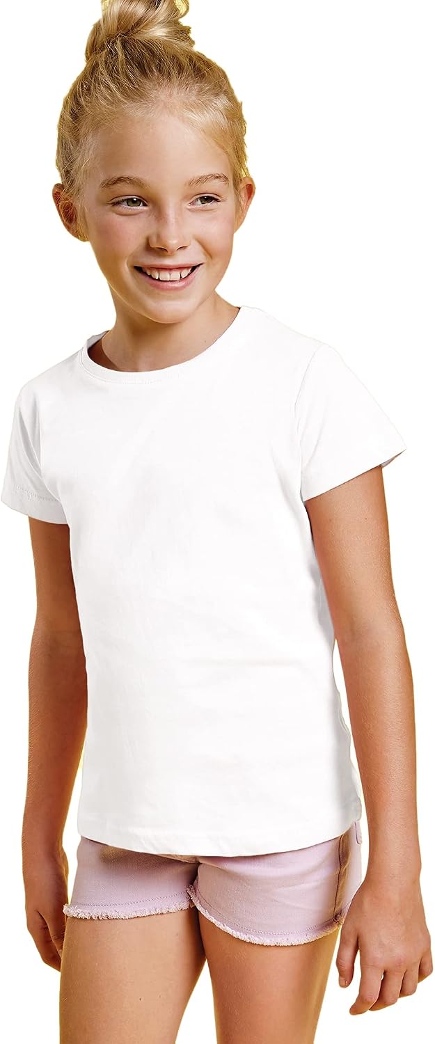 Camiseta de Colores Manga Corta 100% Algodón para Niñas - Camiseta Entallada, Cuello Redondo, cómoda, Suave, Lisa y Elegante