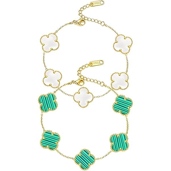 3 Bracelets Trèfle à 5 Feuilles - Plaqué Or 18k, Acier Inoxydable, Réglable - Cadeau Porte-Bonheur