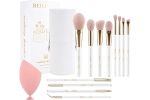 BEILI Set de Brochas de Maquillaje,12PC Brochas de Maquillaje Veganas Kabuki para Base Polvos Colorete Contorno,Pinceles Ojos y Cara,con Esponja de Belleza y porta Brochas,Cepillo de Limpieza