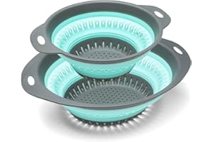 JQKX Collapsible Colander,BPA Free Silicone Colanders & Food Strainers with Plastic Handles Vegetable and Fruit Kitchen Draining Pasta Foldable Strainer Colander Dishwasher Safe Set of 2 Cyan