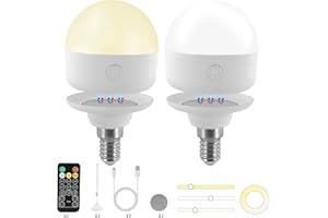Gecool Rechargeable Light Bulb with Magnetic Base – 3 Colour Modes,Dimmable 10%-100%,Includes Lanyard – for Camping, Emergency & Home Use(E14-2PCS)