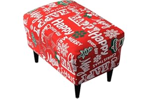 Highdi Funda Otomana Rectangular, Funda de Reposapiés de Sofá, Funda para Taburete Elástica Extraíble Estampada Moderno Protector de Puff con Parte Inferior Elástica (Rojo Navidad)