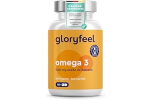 GLORYFEEL Omega 3 Cápsulas 2000mg - Alta potencia 1000mg EPA + 500mg DHA - Triglicéridos reesterificados - Aceite de pescado de alta biodisponibilidad - Soporte para el colesterol, cerebro y corazón*