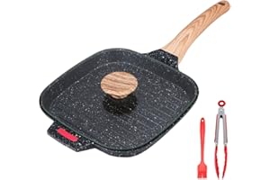 Bobikuke Bistecchiera Antiaderente con Coperchio, Padella Griglia Pietra 21 cm Quadrata per Induzione, Alluminio pressofuso, Nero