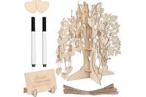 BEATIFIC Libro degli ospiti in legno per matrimonio, libro degli ospiti, in legno, con cuori in legno, set con 2 penne, per decorazioni di nozze, compleanno, festa