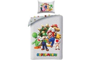 HALANTEX Juego de cama Super Mario reversible, funda nórdica de 140 x 200 cm y funda de almohada, poliéster, con Mario, Luigi, Toad, Peach, Wario y Yoshi
