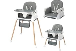 Bonnlo 4-in-1 Foldable Baby High Chair, Adjustable Height with Detachable Tray, 5-Point Safety Harness, Highchair for Toddlers 6 to 36 Months, Grey