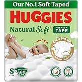 Huggies Natural Soft Premium Tape Diapers Small (S) Size, 4-8 kgs, 60 Count | Our No.1 Soft Taped Diaper with Cloud Soft Bed