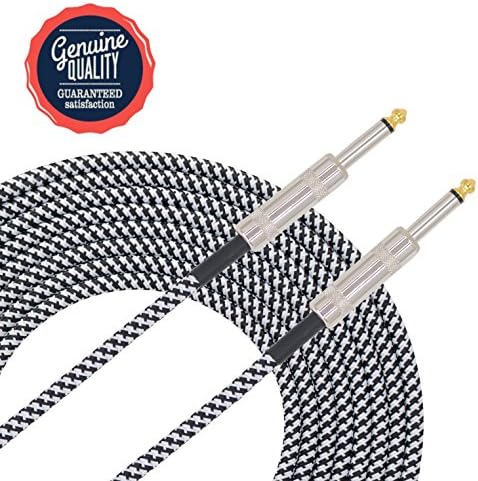 Sonobono Professional Noiseless Music Instrument Cable 1/4-Inch Straight with Braided Tweed Woven Jacket for Guitar, Bass Guitar, AMP, and Keyboard (4.6m/ 15 Feet, White Black)