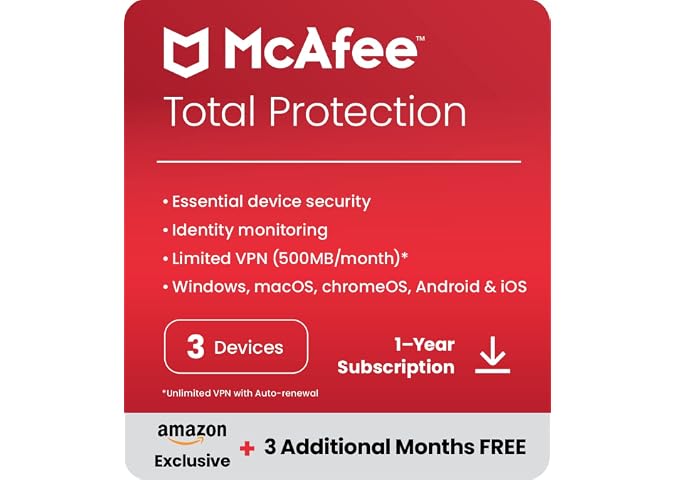 McAfee Total Protection 2023 Amazon Exclusive | 3 Device | Antivirus Internet Security Software | VPN, Password Manager | 12 