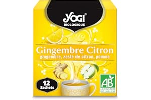Yogi Biologique Gingembre Citron, Infusion 100% Bio Gingembre, Zeste de Citron et Pomme, 12 Sachets thermosoudés et sans agrafe.