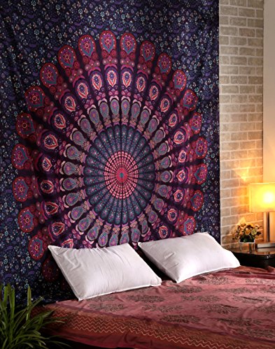 RAJRANG Cotton Mandala Purple Pink Tapestry 213x228 cm Hippie Peacock Wall Hanging Tapestries for Living Room Bedroom