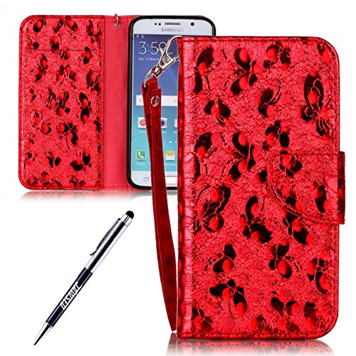 Galaxy S6 Case, Galaxy S6 Cover, JAWSEU Samsung Galaxy S6 G920 Wallet Case Luxury Butterfly Premium PU Leather Flip Cover for Samsung Galaxy S6 Protector Bumper Skin with Soft Silicone Case Credit ID Card Slots Magnetic Closure Kickstand Strap Wallet Pouch Smartphone Shell Protective Phone Case for Samsung Galaxy S6 + Stylus Pen - Butterfly, Red