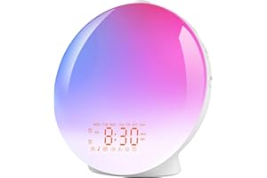 Honestself Réveil Radio LED: simulateur d'aube et crépuscule, réveil à lumière Jour 2 alarmes et Snooze,Lampe Chevet Lumineuse matinale,15 lumières Couleur,20 luminosité 7 Sons naturels et Radio