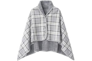 WINKEEY Femme Poncho Polaire Plaid Châle Polaire Cape Chaud d'hiver avec Boutons Couverture à Carreaux