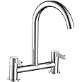 Peppermint Kitchen Mixer Taps 2 Hole Bridge Mixer Tap Kitchen Sink Chrome Dual Lever 180MM Taps Mixers Two Hole Deck Mounted Traditional Brass Faucet 360 Swivel Spout