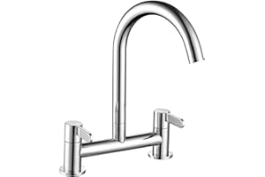 Peppermint Kitchen Mixer Taps 2 Hole Bridge Mixer Tap Kitchen Sink Chrome Dual Lever 180MM Taps Mixers Two Hole Deck Mounted Traditional Brass Faucet 360 Swivel Spout