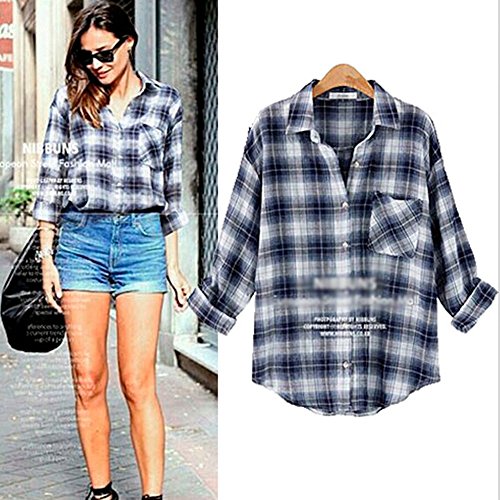 MLG124 The New Autumn Blouse Fashion Loose Long sleeve Lattice Shirt (L, BLUE)