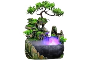 SOPERIT Fontaine d'intérieur avec éclairage LED Fontaine de Table Salon Bureau Cascade Desktop Bonsai Ornament Fontaine Table Cascade Fontaine de Bureau avec Plantes Décoration (avec Brouillard)