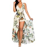 CUPSHE Femmes Été Faire glisser fronces Smocks Combinaison Robe Col en V Sangles Speghetti Dos nu Maxi Haut Bas