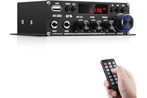 SIKKEBY Amplificateur HiFi stéréo pour enceintes de maison, AK-390 Bluetooth5.0 Mini amplificateur audio 2.0 canaux RMS 40W X 2 amplificateur audio avec adaptateur 12V/5A, radio FM, entrée (BT, USB, AUX, Mic)