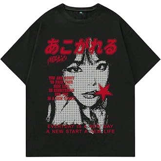 SXV Style Oversized Graphic T-Shirt, Black, Japanese Anime Print, Red Text, Everyday is a New Day Slogan, Unisex Streetwear