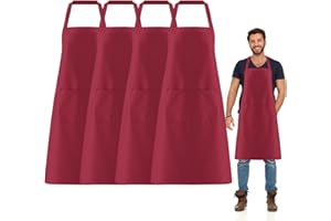 FUIPVGI 4 Piezas Chef Delantal, Delantal de Cocina Impermeable con 2 Bolsillos, Delantal de Barbacoa con Correas Largas para Cocinar Barbacoa Hornear Restaurante Jardinería (Vino tinto)