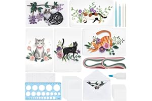 WEBEEDY 20 Sets DIY Cat Paper Quilling Kit with Instruction for Adult Beginner 5 Styles Cat Flower Greeting Cards Making Kit with 20 Blank Cards,36 Colors Strips,Quilling Tools Pet Lover Gifts