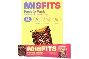Misfits Vegan Protein Bars Variety Pack | Sports Nutrition Bars - 14-15 grams Protein | 1 gram Sugar | Plant-Based, Low Carb, High Fibre | No Palm Oil | Non-GMO | Pack of 12