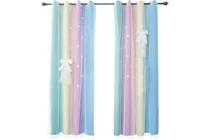 YISURE Star Window Curtain for Kids Bedroom Darkening Nursery Curtain for Girls, 2 Layer Drapes, 2 Panels (Color of Macaron, 42x63inch)