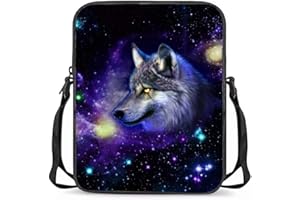 chaqlin Galaxy Wolf Messenger Bag for Women Men,Animal Pattern Mini Crossbody Shoulder Bookbag for Kids Children Boy Girl Women Men Daily Wallet Phone Purse Handbag