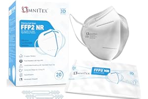 Omnitex FFP2 Face Mask - Box of 20, Individually Wrapped | High Filtration - 5 Layers | EN149 CE Certified | Hypoallergenic | Fluid Resistant | Ear Loops & Adaptable Nose Bridge | 5X Extenders