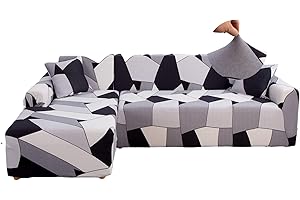 Jaotto Copridivano con Penisola Elasticizzato A Sinistra Destra, Fodere Copridivano Angolare Universale, Copridivano Antigraffio Gatto Chaise Longue a Forma di L(2 Posti+2 Posti,Geometria Bianca)