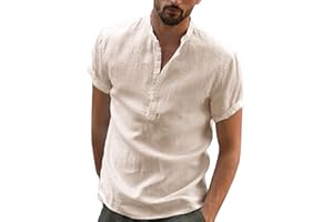 YAOBAOLE Men's Summer Linen Cotton Henley Shirt Casual Short Sleeve Button Up Beach Shirts