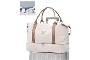 WEPLAN Bolsa Viaje Easyjet 45x36x20 Bolsa de Viaje para Mujer Avion Grande Bolso Fin Semana Deporte Cabina Equipaje Mano Bolso Gimnasia Hospital con Compartimento de Zapatos,Beige con Marrón L