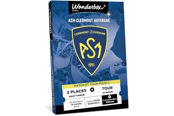 Wonderbox Connect - Coffret Cadeau - ASM Clermont Auvergne Expérience - 2 Places pour 1 Match au Choix - Visite de l'ASM Expérience + 2 consommations incluses - Validité 27 Mois