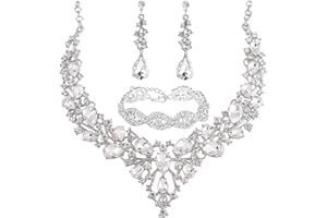 TOEECY Teardrop Crystal Jewelry Set Elegant Rhinestone Statement Necklace Bracelet Earrings Collection Champagne Gemstone Accessories