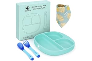 BEBOAN Baby Teller, Silikon Saugplatte Set für Baby Kleinkinder und Kinder, Baby Tischset mit Saugnäpfen und Löffel+Gabel+Lätzchen, Tragbar BPA-freie Babyteller (hellgrün)