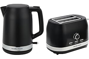 Hamilton Beach Kettle and Toaster Set, Ella, 1.7L Kettle, 2 Slice Toaster, Boil Dry Protection, Removable Filter, 7 Browning Levels, Removable Crumb Tray, Black - HBELLAMB