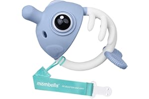 Juguetes para la dentición de bebés a partir de 3 meses con clip para el chupete, Mordedor Mombella Pez Payaso 6-12 meses, Juguete de silicona suave para masticar para recién nacidos, Azul