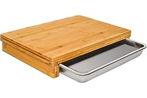 DuneDesign XL Planche à Découper Bambou avec Tiroir - 51x37 - Cube en Bois Bamboo avec Réservoir INOX