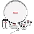 Storehaus 6 Pieces Smart Stainless Steel Dinnerware/Dinner Set - 1 Thali, 1 Halwa Plate, 2 Bowl, 1 Glass, 1 Spoon, Kitchen Set for Home, Restaurants, Family - Silver