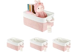 JUNLAI 4 Pcs Storage Baskets with Handles, Foldable Storage Boxes, Fabric Wardrobe Storage Basket for Office & Home, Book, Clothes, Toys（Pink and White, Medium）