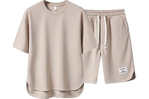 WAZHAKU Tuta sportiva in lino, da uomo, tinta unita, 2 pezzi, a maniche corte, con bottoni e pantaloncini da spiaggia, set di pantaloni corti, in cotone e lino, da jogging