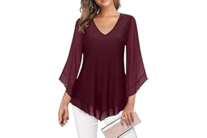 Gemulate Womens Tops Ruffle 3/4 Sleeve Blouses for Women UK Loose Flowy Ladies V Neck Chiffon Tunic Tops Double Layers Mesh Shirts