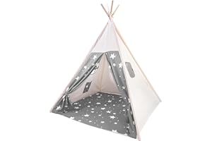 Lifemaison Teepee Tent,160cm Portable Foldable Children’s Play Tent,Tipi Tent for Girls Boys,Wigwam Play Tent for Indoor Outdoor,with Carry Bag & Pocket,Window Design,Foldable Star Canvas Teepee