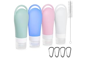 Bigqin Silikon-Reiseflaschen, 90/60 ml-Sets, 4 auslaufsichere Flüssigkeitsbehälter mit Karabiner-Reinigungsbürste, Wiederverwendbare tragbare Behälter für Shampoo, Duschgel, Handwaschflüssigkeit
