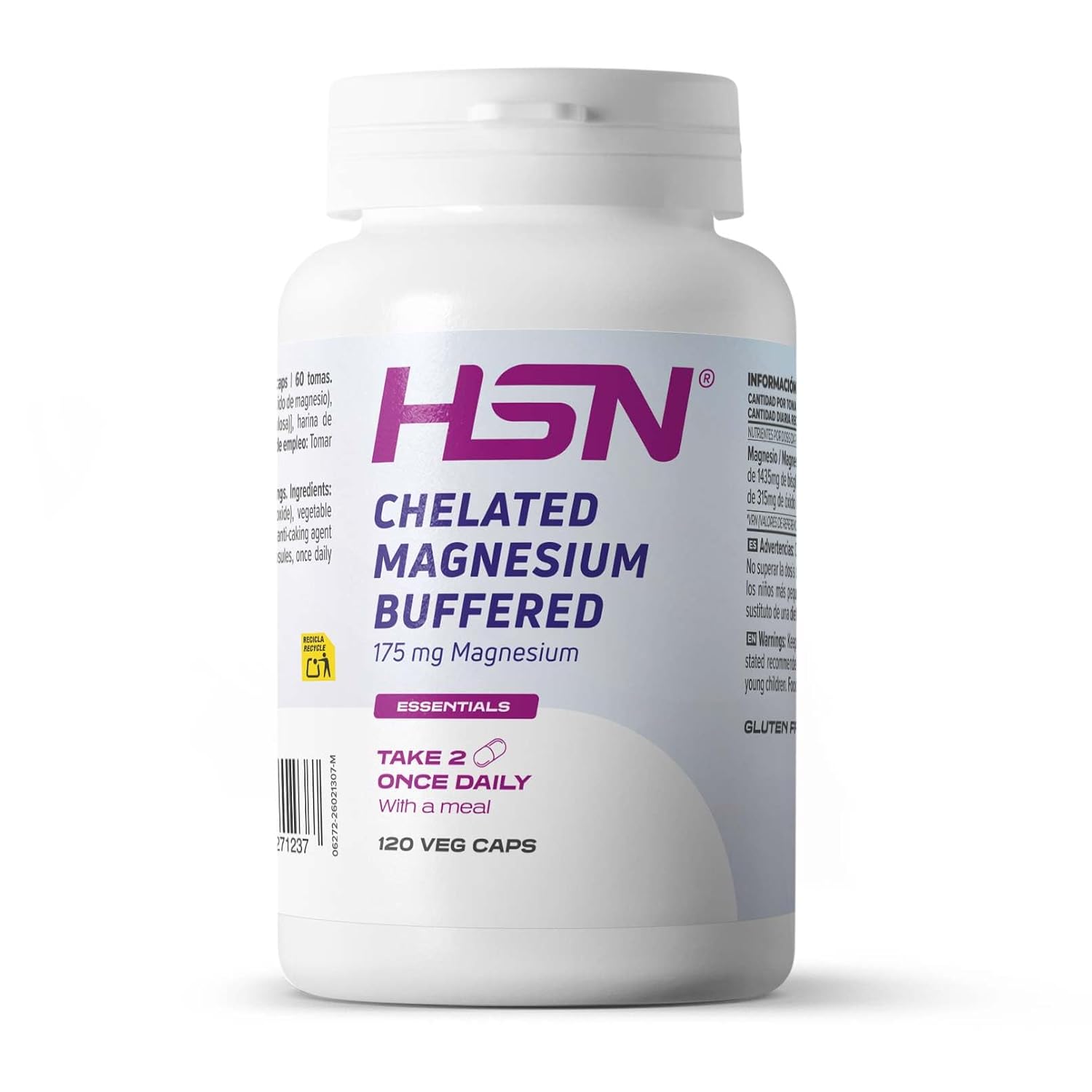 HSN Bisglicinato de Magnesio 350mg (dosis diaria) - 120 Cápsulas Vegetales | Magnesio Alta Biodisponibilidad y Absorción. Ayuda a Reducir el Cansancio y la Fatiga. Vegano, Sin Gluten, No-GMO