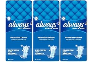 LINENVALE Always Maxi Night Profresh | Ultra Absorbent with Odor Protection for Night Use – 3 Pack Bundle (Total 27 Pads)