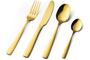 BIWHALE 16 Piece Cutlery Set, Stainless Steel Flatware Silverware Sets with Square Edge, Service for 4 People, Elegant Tableware Included Knives Forks Spoons, Mirror Finished & Dishwasher Safe (Gold)